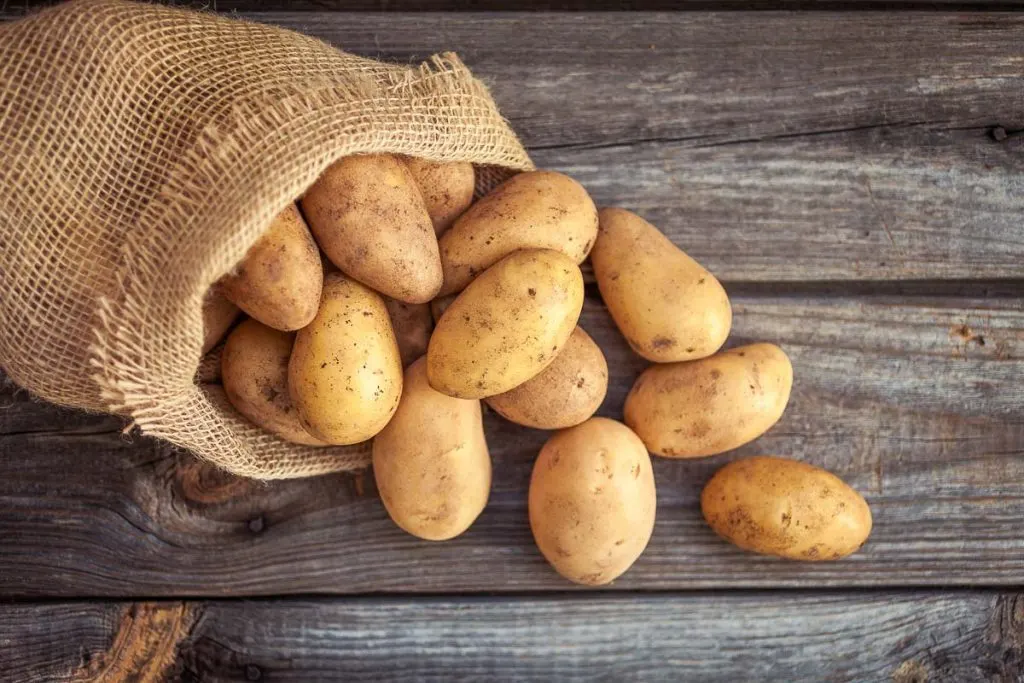 russet potatoes in a potato sack on wooden table