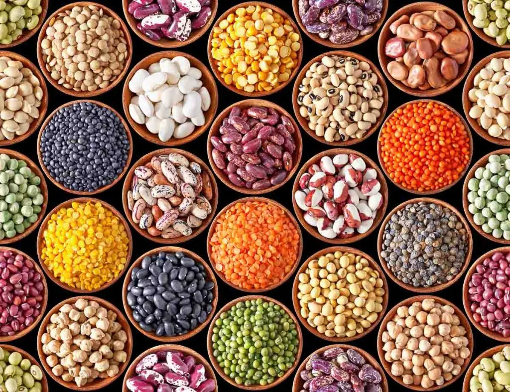 different types of raw beans organized into small bowls looking from above